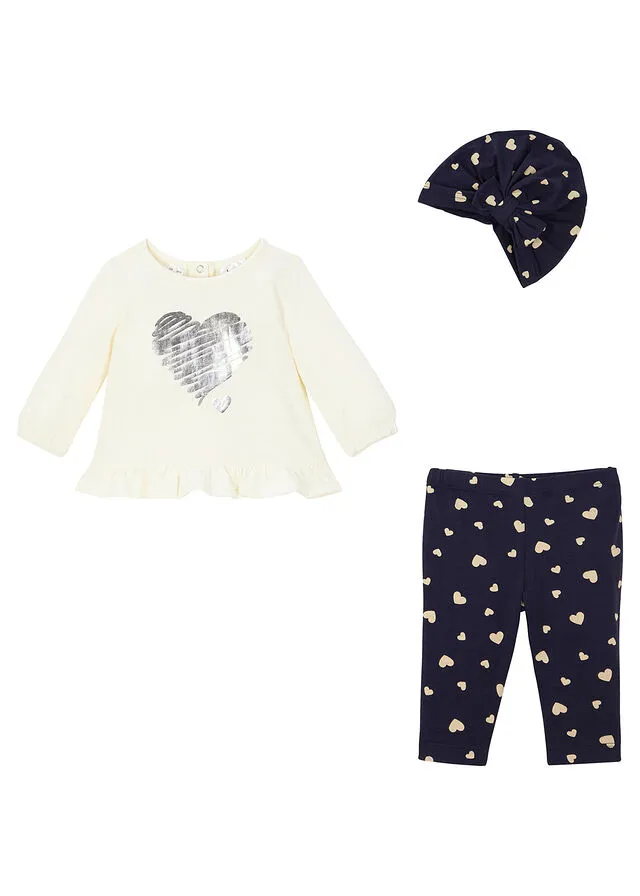 BODI + LEGGINGS + GORRO PARA BEBéS (3 PIEZAS) DE ALGODóN ORGáNICO BLANCO LANAAZUL OSCURO ESTAMPADO